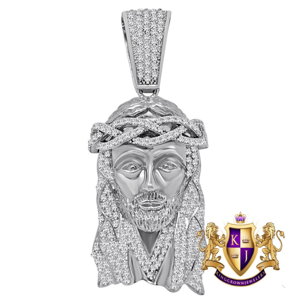 Big XL 2.85'' 14K White Gold On Real Sterling Silver Simulated Diamond Holy Jesus Face Pendent Religious Charm