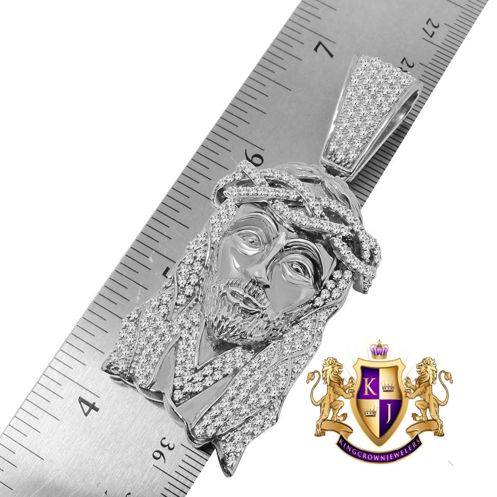 Big XL 2.85'' 14K White Gold On Real Sterling Silver Simulated Diamond Holy Jesus Face Pendent Religious Charm
