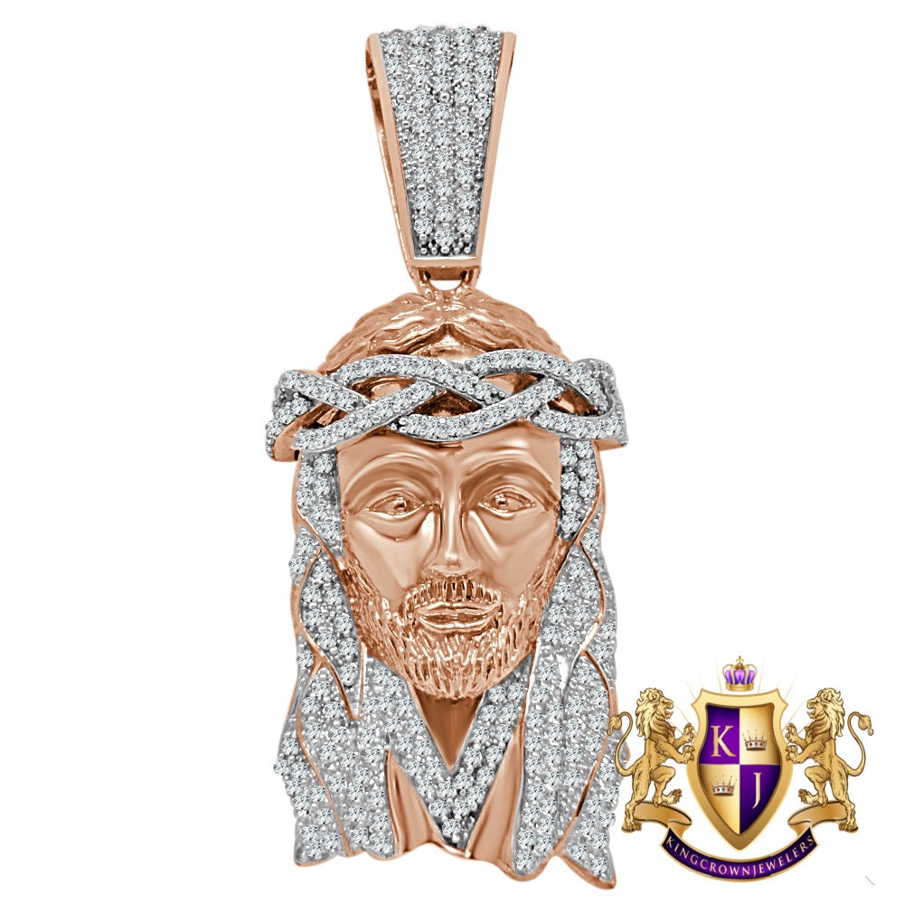 Big XL 2.85'' 14K Rose Gold On Real Sterling Silver Simulated Diamond Holy Jesus Face Pendent Religious Charm