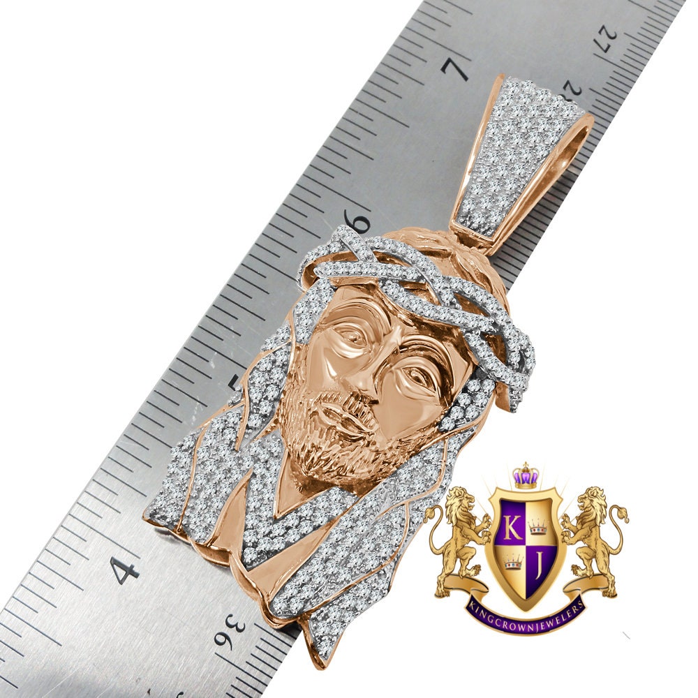 Big XL 2.85'' 14K Rose Gold On Real Sterling Silver Simulated Diamond Holy Jesus Face Pendent Religious Charm