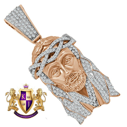 Big XL 2.85'' 14K Rose Gold On Real Sterling Silver Simulated Diamond Holy Jesus Face Pendent Religious Charm