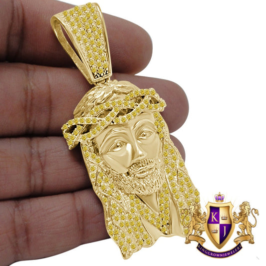 Yellow Canary Big XL 2.85'' Gold Finish Sterling Silver Simulated Diamond Holy Jesus Face Pendent Religious Charm