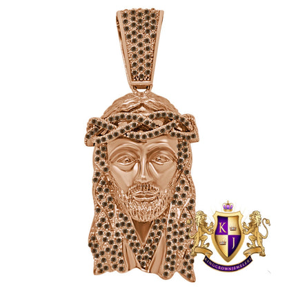 Brown Chocolate Big XL 2.85'' 14K Rose Gold On Real Sterling Silver Simulated Diamond Holy Jesus Face Pendent Religious Charm