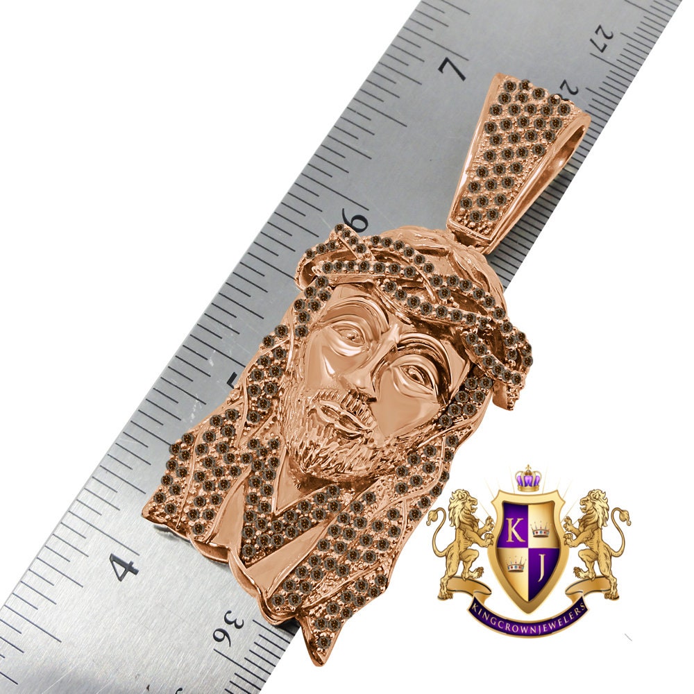 Brown Chocolate Big XL 2.85'' 14K Rose Gold On Real Sterling Silver Simulated Diamond Holy Jesus Face Pendent Religious Charm