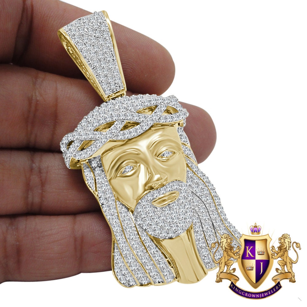 Real Yellow Gold Sterling Silver Simulated Diamond Holy Jesus Face Pendent Religious Charm Big  2.80''
