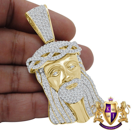 Real Yellow Gold Sterling Silver Simulated Diamond Holy Jesus Face Pendent Religious Charm Big  2.80''