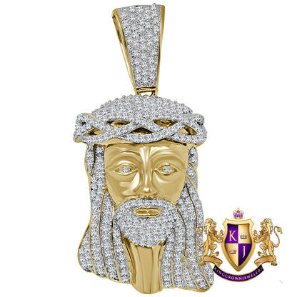 Real Yellow Gold Sterling Silver Simulated Diamond Holy Jesus Face Pendent Religious Charm Big  2.80''