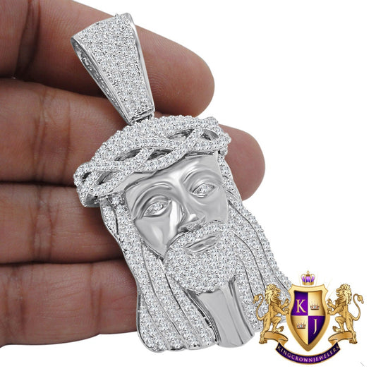 14K White Gold On Genuine Sterling Silver Simulated Diamond Holy Jesus Face Pendent Religious Charm Big  2.80''