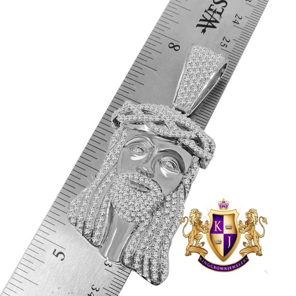 14K White Gold On Genuine Sterling Silver Simulated Diamond Holy Jesus Face Pendent Religious Charm Big  2.80''