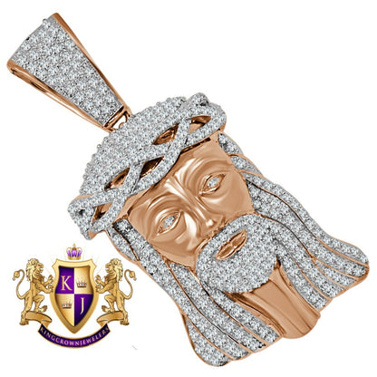 14K Rose Gold On Genuine Sterling Silver Simulated Diamond Holy Jesus Face Pendent Religious Charm Big  2.80''