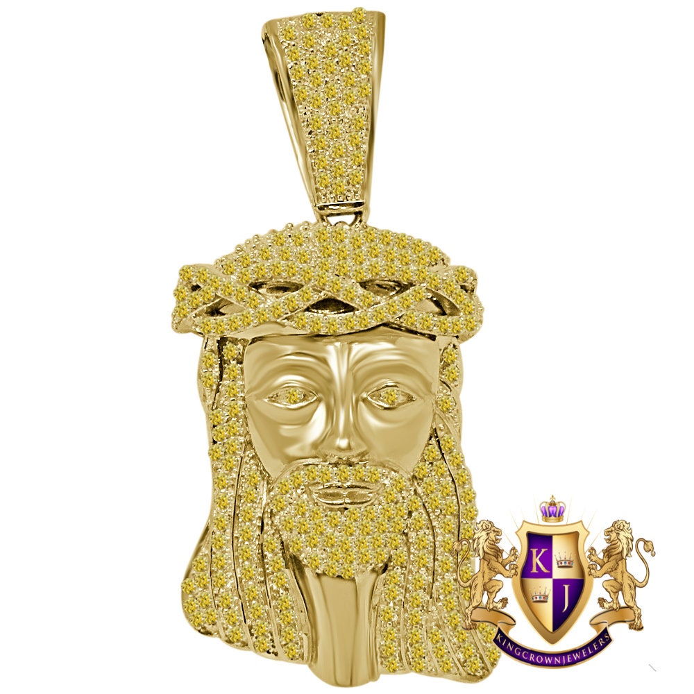 Yellow Canary Gold Finish Sterling Silver Simulated Diamond Holy Jesus Face Pendent Religious Charm Big  2.80''