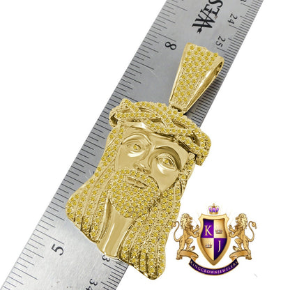 Yellow Canary Gold Finish Sterling Silver Simulated Diamond Holy Jesus Face Pendent Religious Charm Big  2.80''