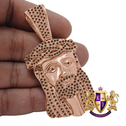 Brown Chocolate 14K Rose Gold On Genuine Sterling Silver Simulated Diamond Holy Jesus Face Pendent Religious Charm Big  2.80''