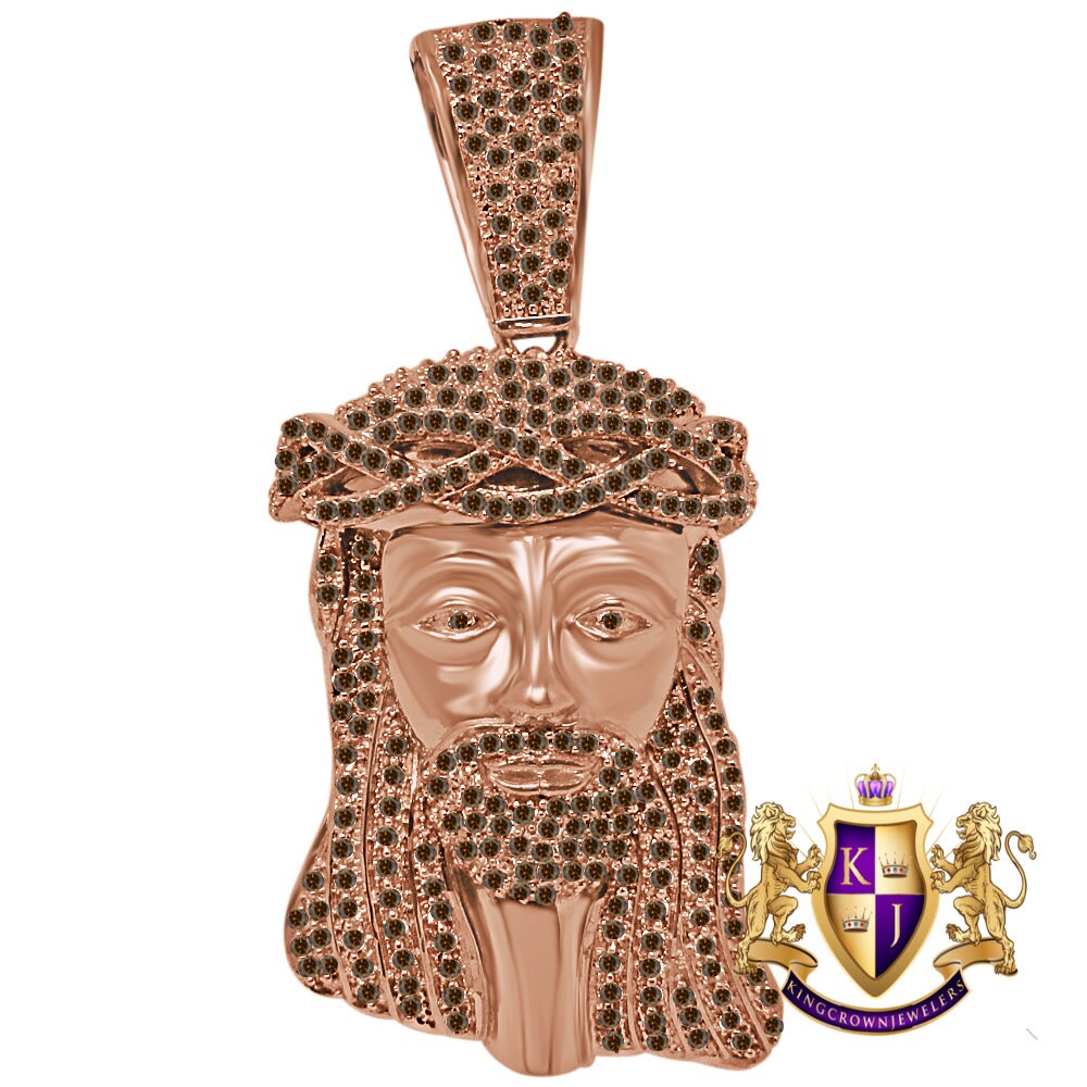 Brown Chocolate 14K Rose Gold On Genuine Sterling Silver Simulated Diamond Holy Jesus Face Pendent Religious Charm Big  2.80''