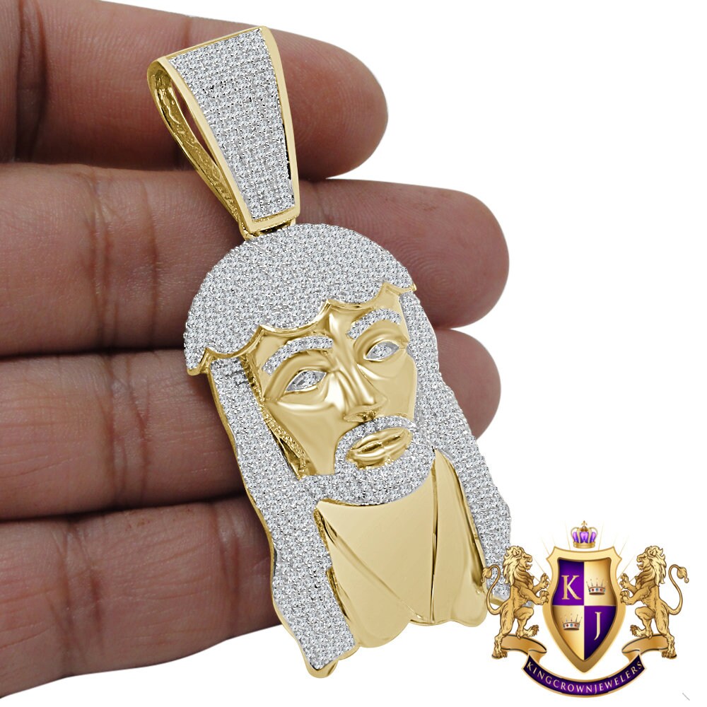 Genuine Yellow Gold Sterling Silver Simulated Diamond Holy Jesus Face Pendent Religious Charm 2.85''