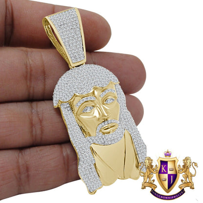 Genuine Yellow Gold Sterling Silver Simulated Diamond Holy Jesus Face Pendent Religious Charm 2.85''