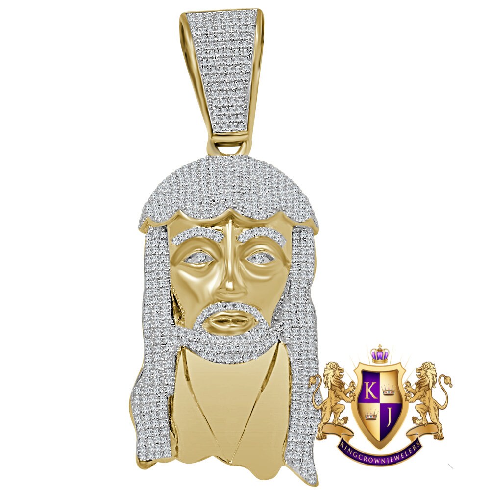 Genuine Yellow Gold Sterling Silver Simulated Diamond Holy Jesus Face Pendent Religious Charm 2.85''