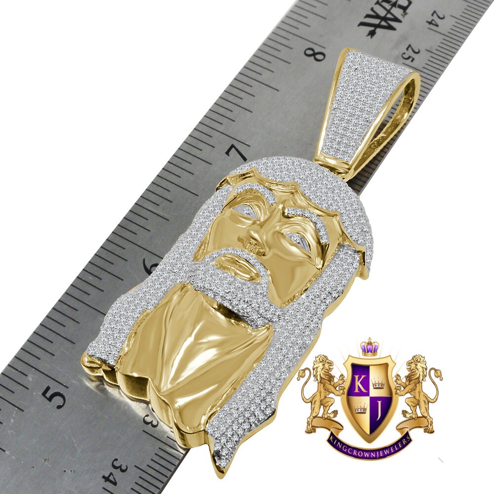 Genuine Yellow Gold Sterling Silver Simulated Diamond Holy Jesus Face Pendent Religious Charm 2.85''