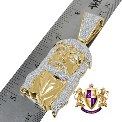 Genuine Yellow Gold Sterling Silver Simulated Diamond Holy Jesus Face Pendent Religious Charm 2.85''