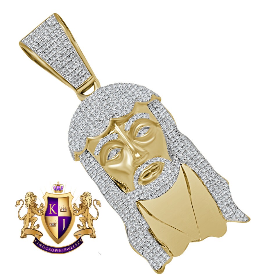 Genuine Yellow Gold Sterling Silver Simulated Diamond Holy Jesus Face Pendent Religious Charm 2.85''