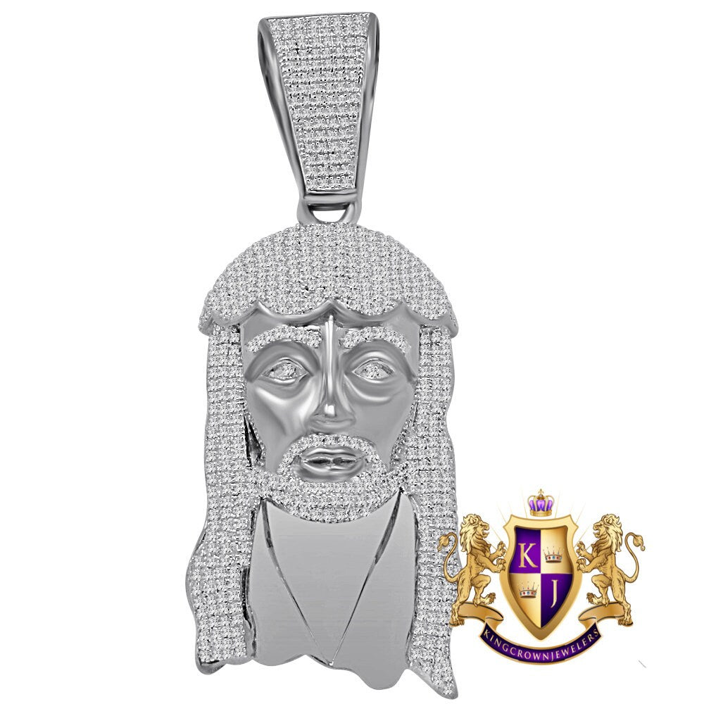 Genuine White Gold Over Real Sterling Silver Simulated Diamond Holy Jesus Face Pendent Religious Charm 2.85''