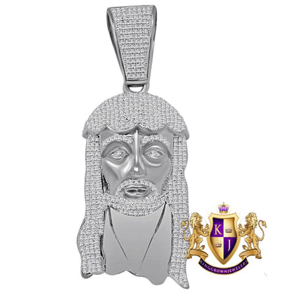 Genuine White Gold Over Real Sterling Silver Simulated Diamond Holy Jesus Face Pendent Religious Charm 2.85''