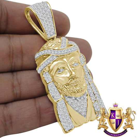 Real Genuine Sterling Silver 34+ Grams Jesus Face Piece Custom Charm Yellow Gold Tone Simulated Diamond Pendent Big 2.80''