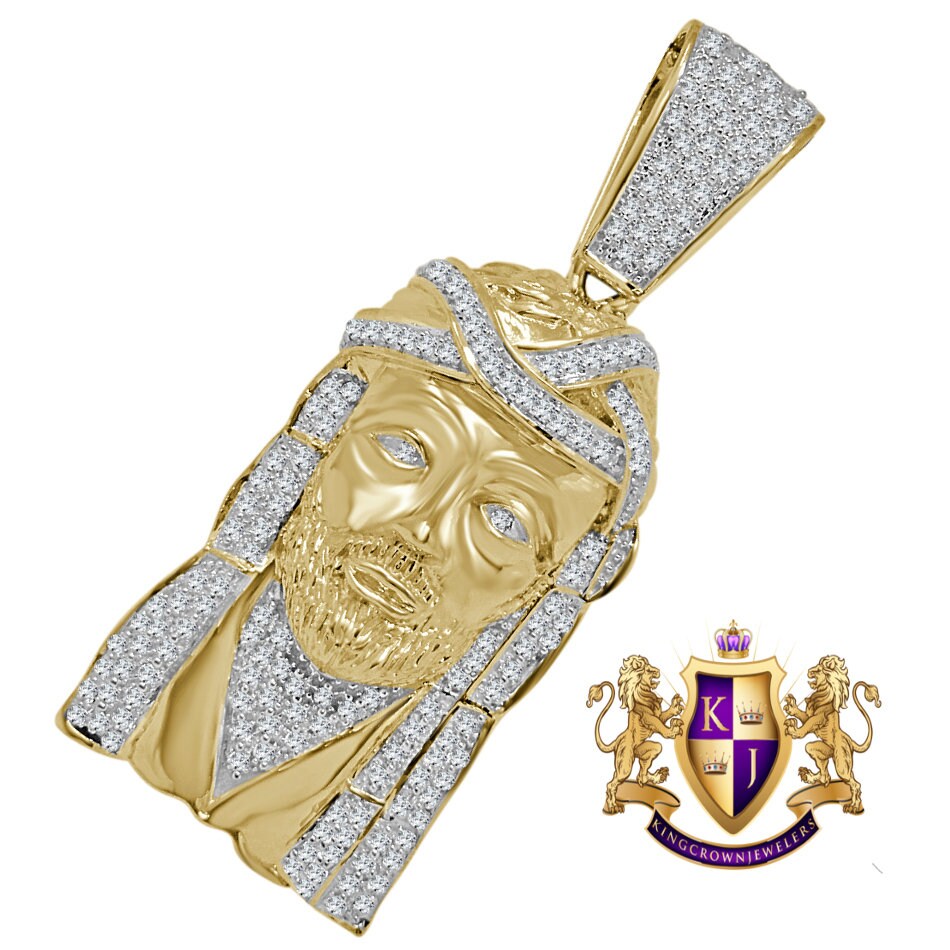 Real Genuine Sterling Silver 34+ Grams Jesus Face Piece Custom Charm Yellow Gold Tone Simulated Diamond Pendent Big 2.80''