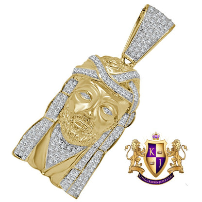 Real Genuine Sterling Silver 34+ Grams Jesus Face Piece Custom Charm Yellow Gold Tone Simulated Diamond Pendent Big 2.80''