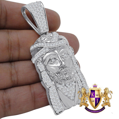 Jesus Face Piece Custom Charm 14K White Gold Tone Simulated Diamond Pendent 2.80''