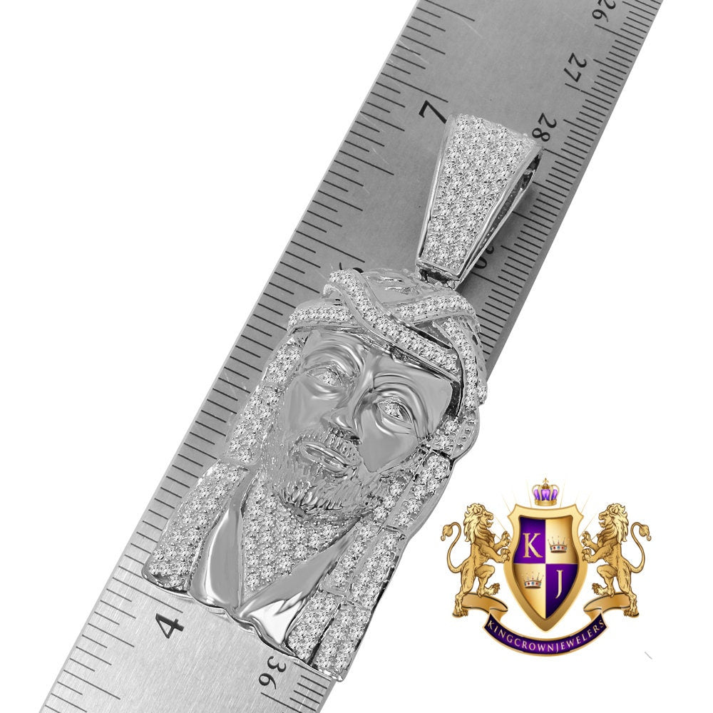Jesus Face Piece Custom Charm 14K White Gold Tone Simulated Diamond Pendent 2.80''