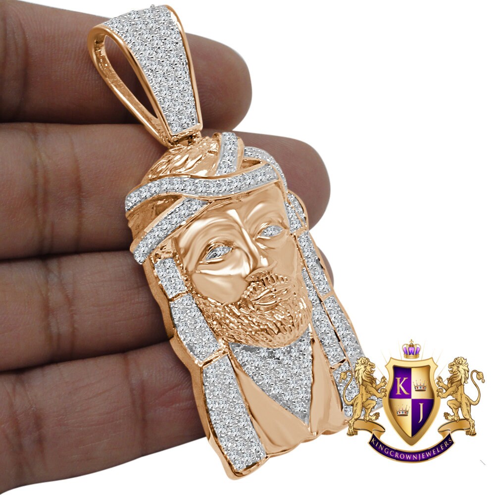 Jesus Face Piece Custom Charm 14K Rose Gold Tone Simulated Diamond Pendent 2.80''