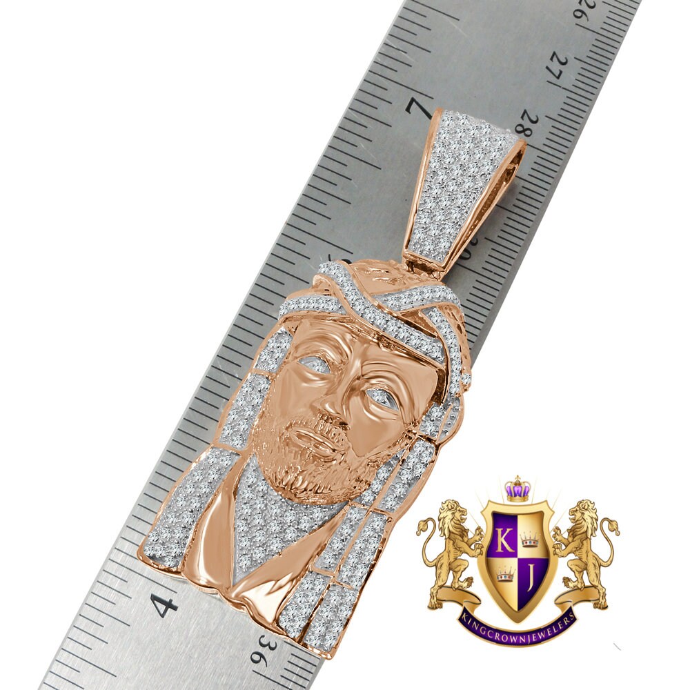 Jesus Face Piece Custom Charm 14K Rose Gold Tone Simulated Diamond Pendent 2.80''