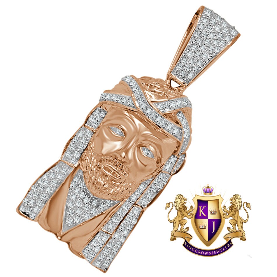 Jesus Face Piece Custom Charm 14K Rose Gold Tone Simulated Diamond Pendent 2.80''