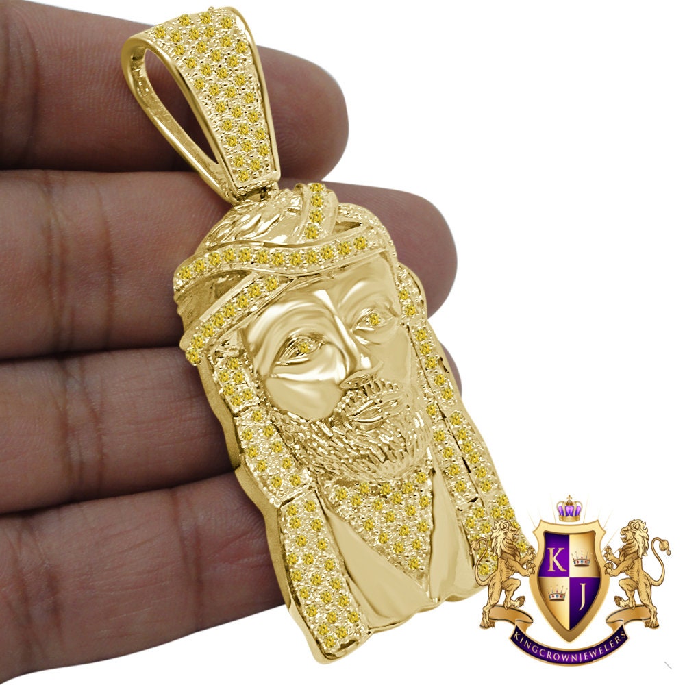 Canary Yellow Jesus Face Piece Custom Charm Gold Tone Simulated Diamond Pendent 2.80''