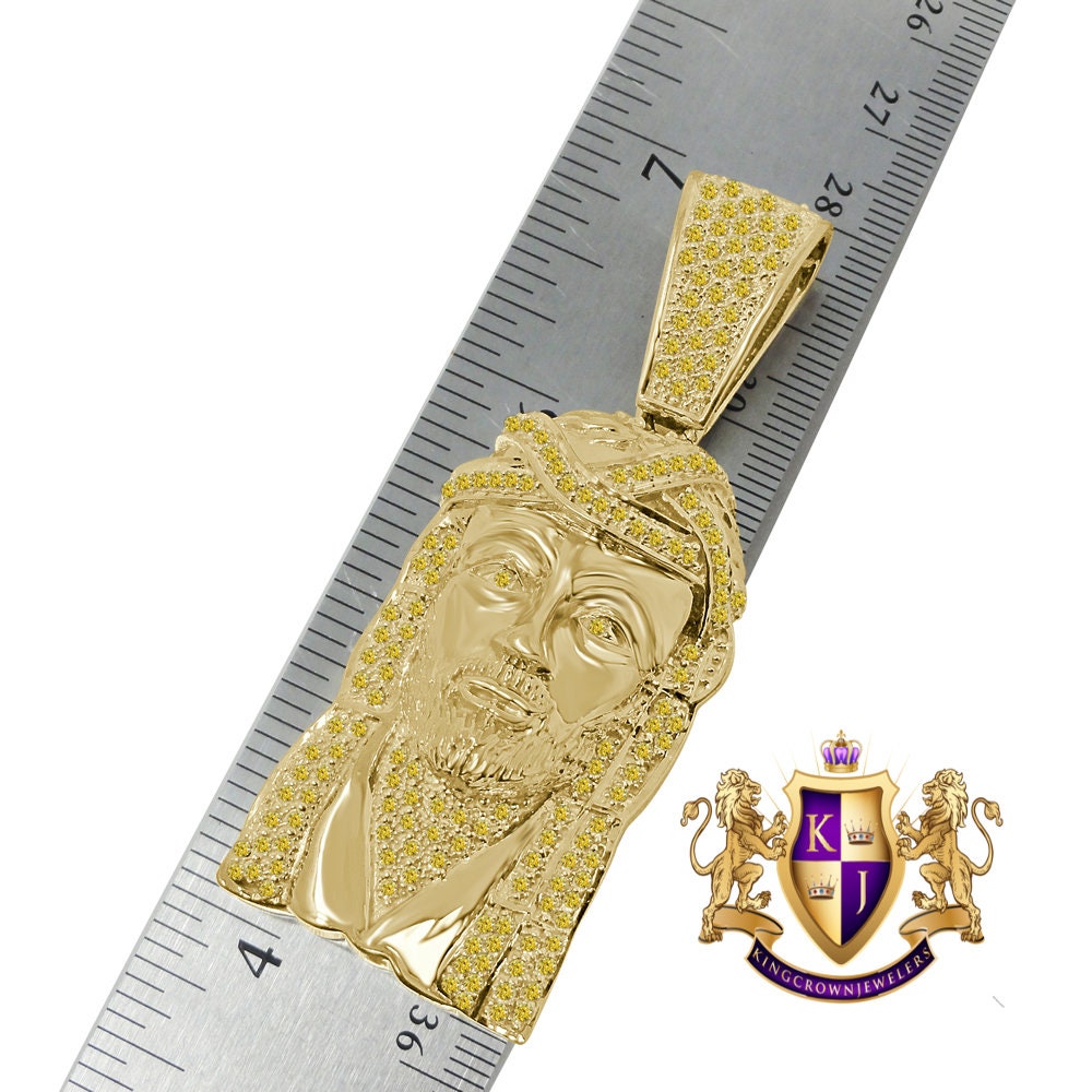 Canary Yellow Jesus Face Piece Custom Charm Gold Tone Simulated Diamond Pendent 2.80''