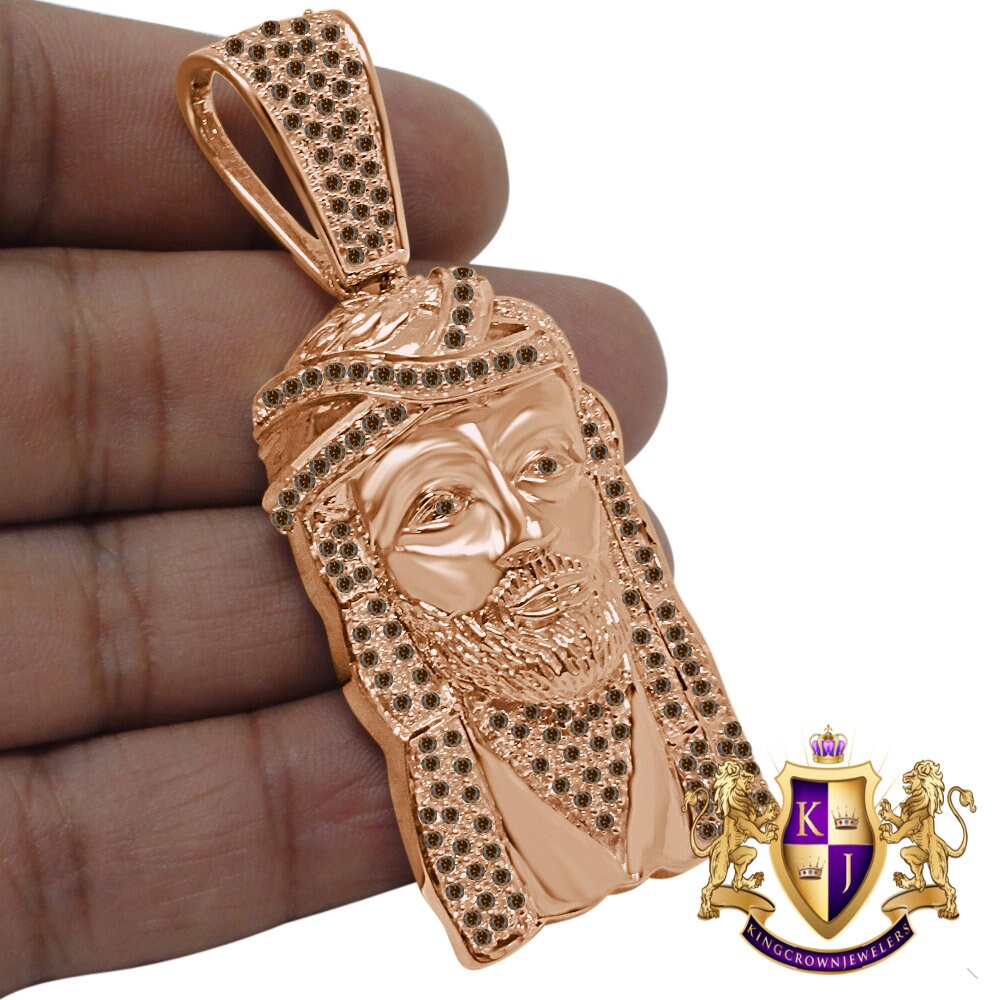 Brown Chocolate  Jesus Face Piece Custom Charm 14K Rose Gold Tone Simulated Diamond Pendent 2.80''
