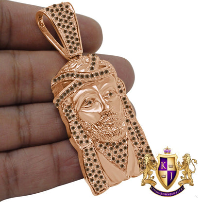 Brown Chocolate  Jesus Face Piece Custom Charm 14K Rose Gold Tone Simulated Diamond Pendent 2.80''