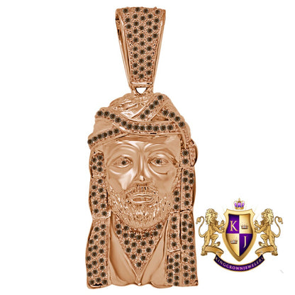 Brown Chocolate  Jesus Face Piece Custom Charm 14K Rose Gold Tone Simulated Diamond Pendent 2.80''