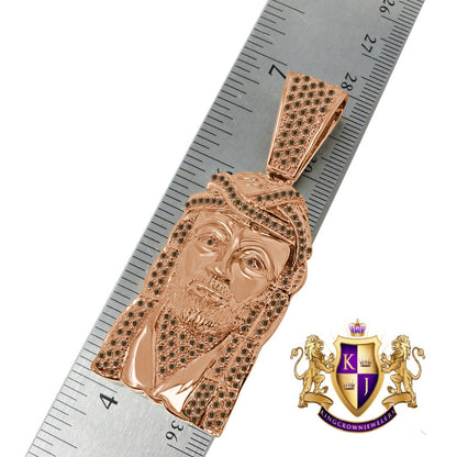Brown Chocolate  Jesus Face Piece Custom Charm 14K Rose Gold Tone Simulated Diamond Pendent 2.80''