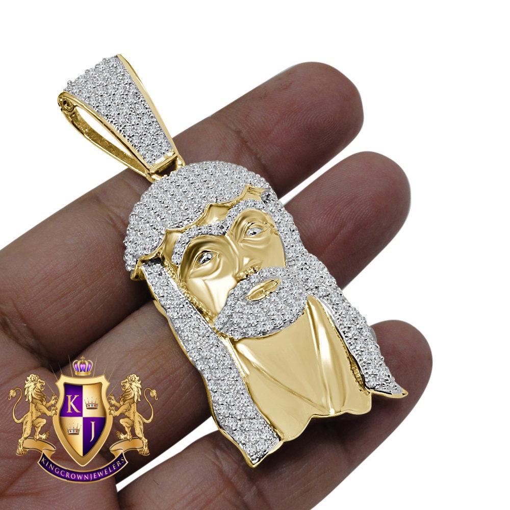 Men's Holy Jesus Face Pendent 3'' Genuine Yellow Gold Sterling Silver Simulated Diamond Religious Charm