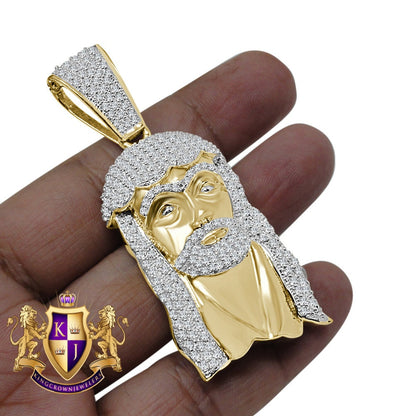 Men's Holy Jesus Face Pendent 3'' Genuine Yellow Gold Sterling Silver Simulated Diamond Religious Charm