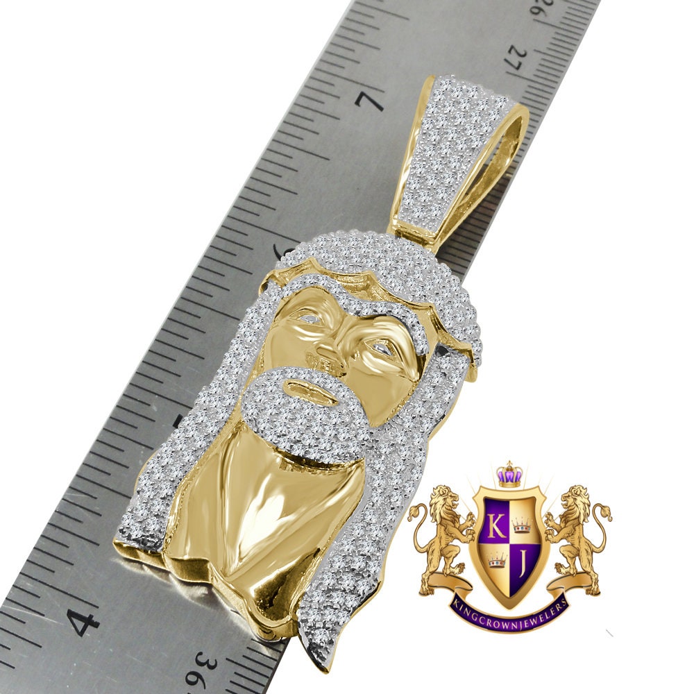 Men's Holy Jesus Face Pendent 3'' Genuine Yellow Gold Sterling Silver Simulated Diamond Religious Charm
