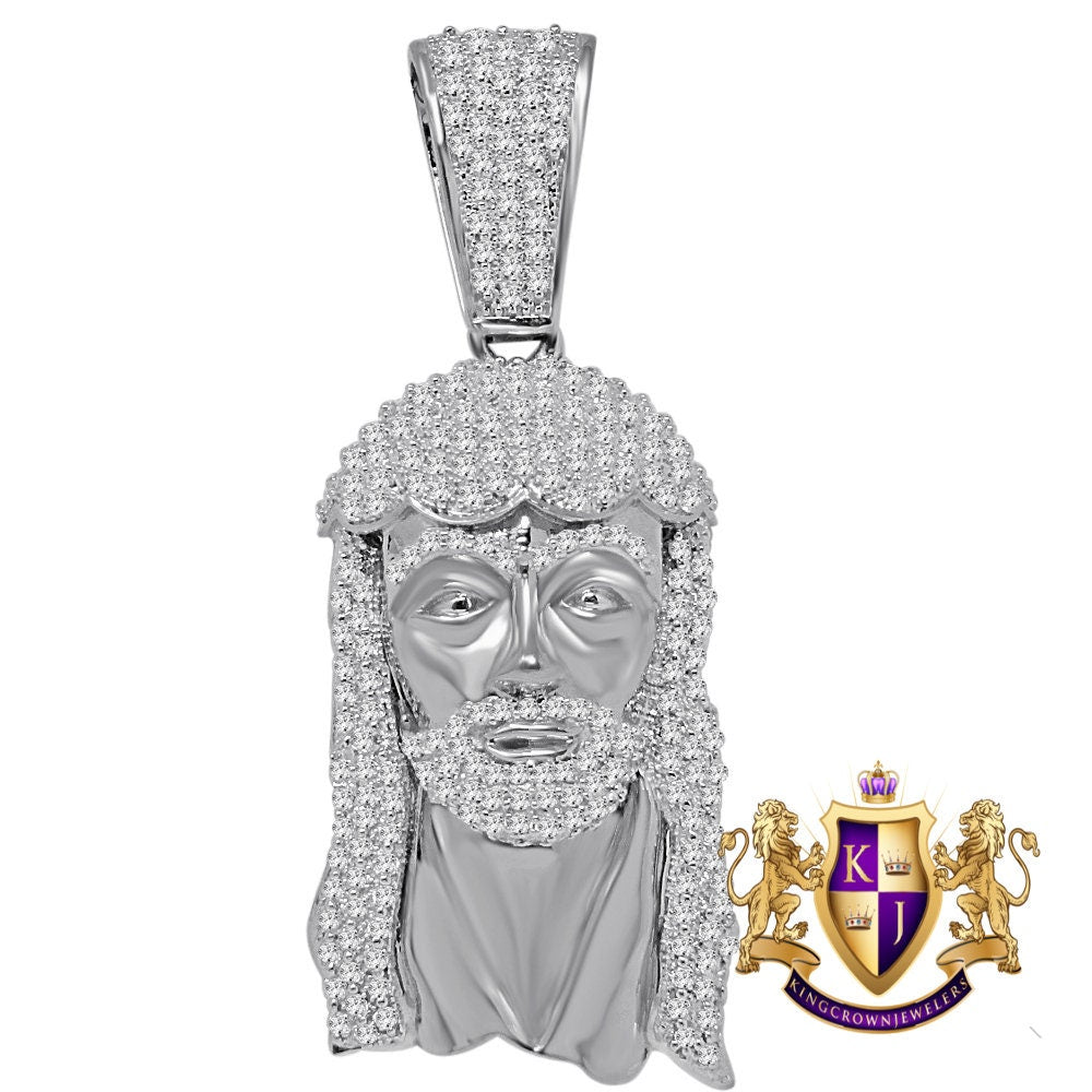 Men's Holy Jesus Face Pendent 3'' Genuine White Gold On Real Sterling Silver Simulated Diamond Religious Charm