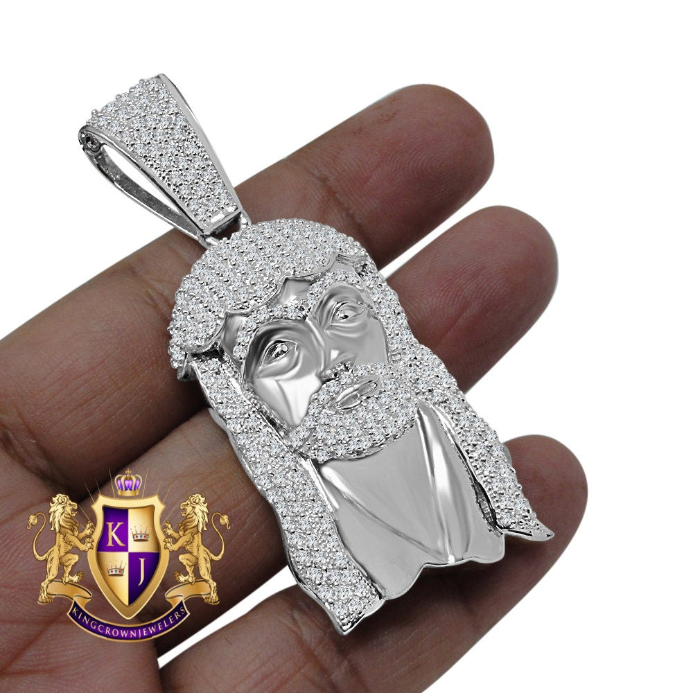 Men's Holy Jesus Face Pendent 3'' Genuine White Gold On Real Sterling Silver Simulated Diamond Religious Charm