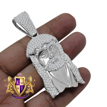Men's Holy Jesus Face Pendent 3'' Genuine White Gold On Real Sterling Silver Simulated Diamond Religious Charm