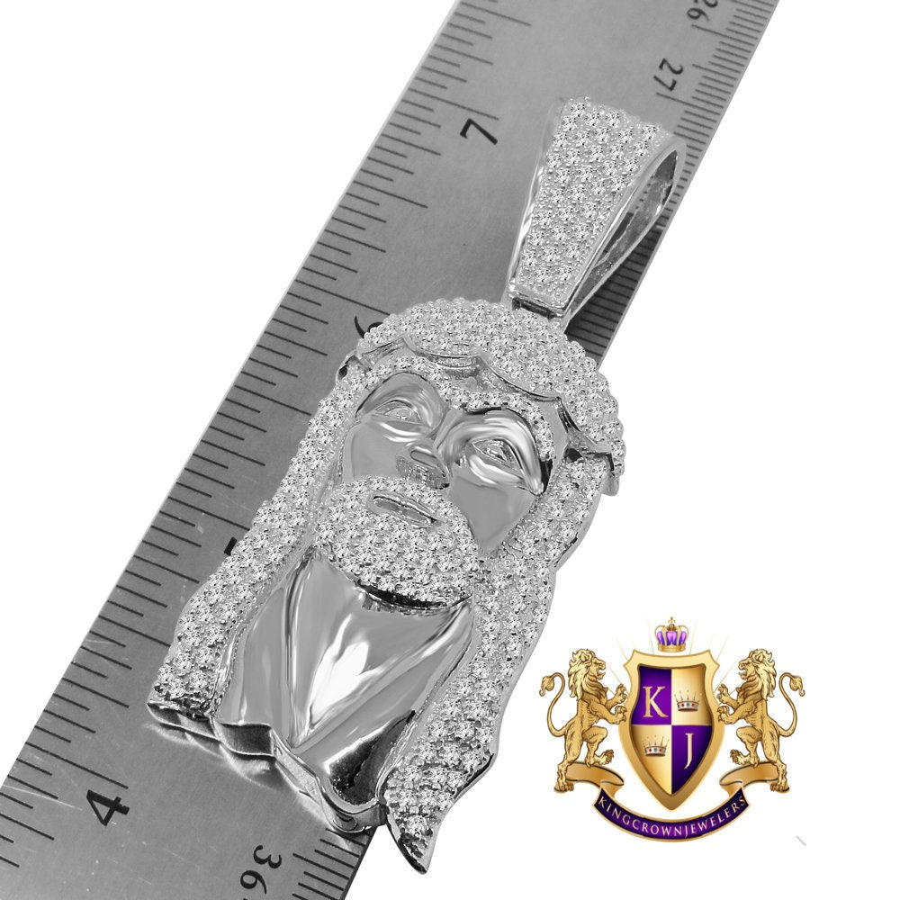 Men's Holy Jesus Face Pendent 3'' Genuine White Gold On Real Sterling Silver Simulated Diamond Religious Charm