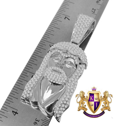 Men's Holy Jesus Face Pendent 3'' Genuine White Gold On Real Sterling Silver Simulated Diamond Religious Charm