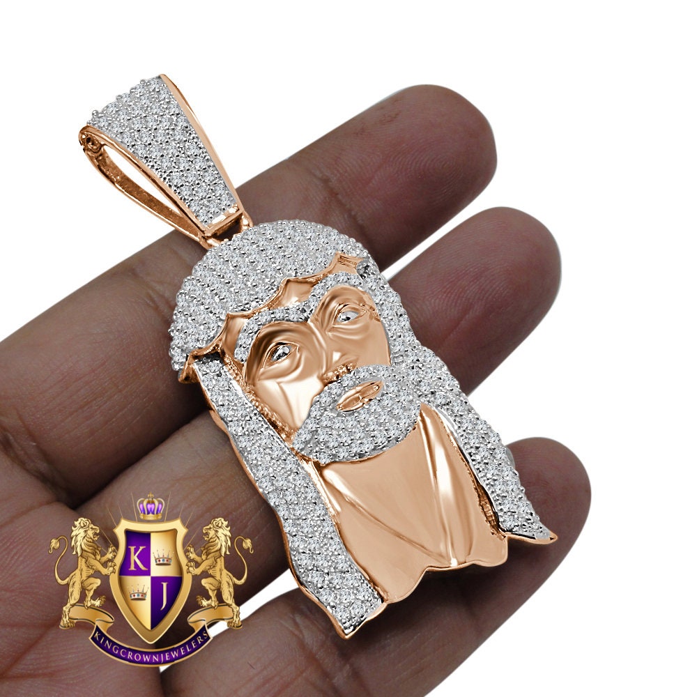 Men's Holy Jesus Face Pendent 3'' 14K Rose Gold On Real Sterling Silver Simulated Diamond Religious Charm