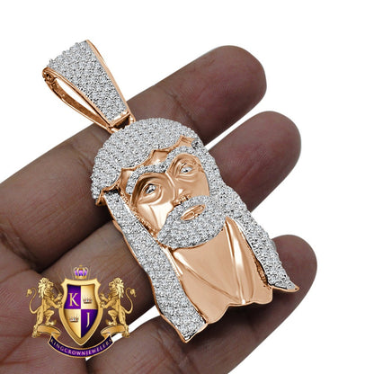 Men's Holy Jesus Face Pendent 3'' 14K Rose Gold On Real Sterling Silver Simulated Diamond Religious Charm